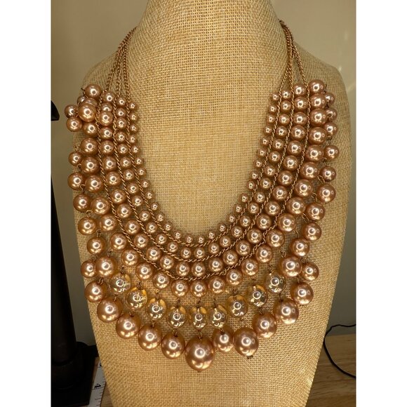 Gold Tone Multi-Layered Faux Pearl Statement Necklace With Clear Beads & Adjusta - Picture 2 of 9